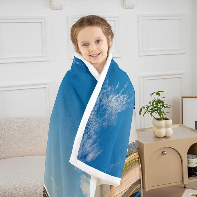 Erosebridal Aircraft Throw, Aviation Airplane Sherpa Blanket for Kids Teens Adults, Runway Track Fleece Throw, Taking Off Fuzzy Throw 50"x60" White Blue Sofa Decoration