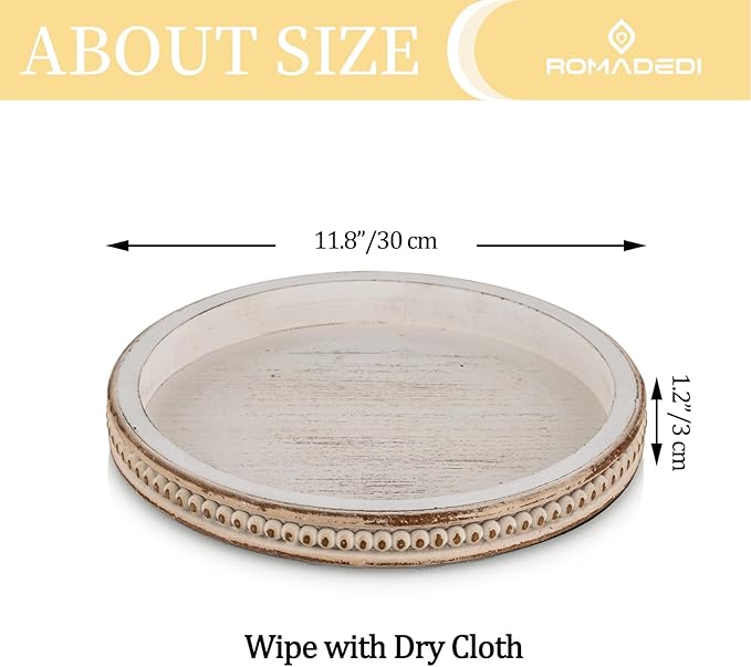 Farmhouse Wood Tray Candle Holder - Romadedi Bead Round Wooden Decorative Tray for Coffee Table Decor Serving Trays Kitchen Counter Rustic Centerpiece for Living Room Home Organizer, White Washed