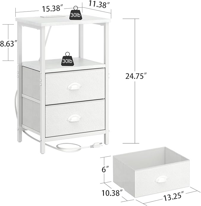 Nightstand with Charging Station, LED Night Stand Set 2, Bedside Table End Tables Set of 2, Bedroom Tables with 2 Fabric Drawers PU Finish, 3-Tier Storage Side Table for Bedroom,White