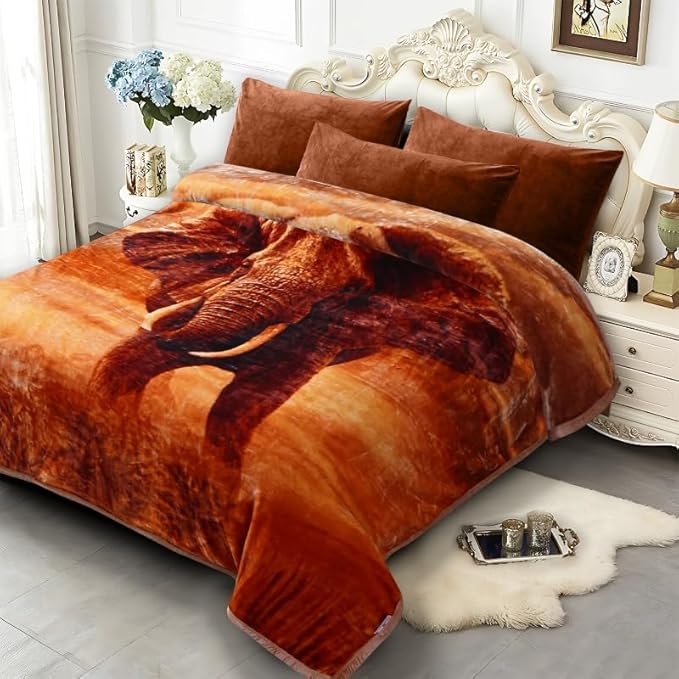 JYK Soft Fleece Bed Blanket King Size 83'' x 91'', 520GSM Medium Thick and Warm Blanket for Winter, Fuzzy Plush Bed Blanket King Size 5.7 LB, Cozy Fuzzy Microfiber Blanket - Deer/Elephant