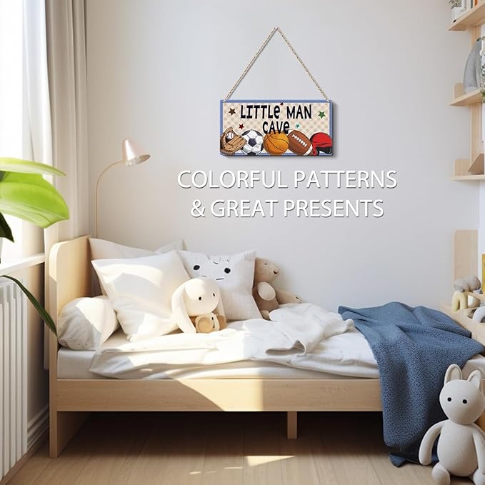 Boys Sports Little Man Cave Sign Boys Room Decor Soccer Basketball Baseball Football Wall Decor Wooden Hanging Plaque Wood Sign Home Bathroom Living Room Farmhouse Playroom Bedroom Nursery Decor