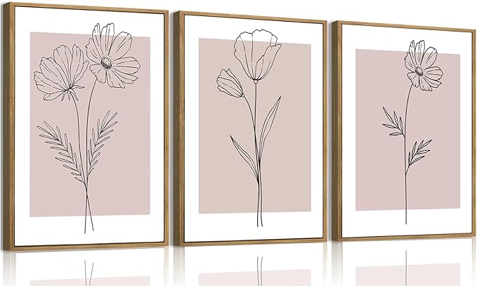 Wodkwq 3 Piece Pink Canvas Wall Art Set Framed,Pink Flower Wall Decor,Floral Prints,Botanical Line Painting,Minimalist Poster Pink Aesthetic for Girls' Room,Living Room,Bedroom,Office 16x24in