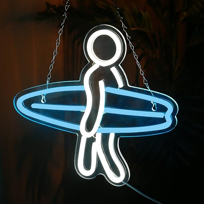 Surfer Neon Sign for Bedroom Wall Decor USB Powered, Surfboard Decor Dimmable Surfer Light Anime Neon Sign for Kids Room Wall Art Birthday Gift 13 * 12 Inches Ice Blue