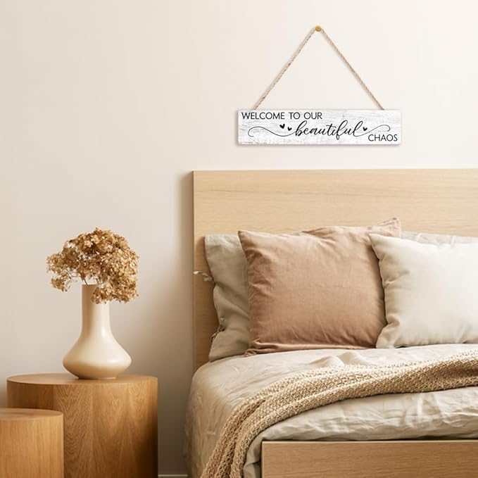 AGMDESIGN Welcome to Our Beautiful Chaos Wooden Sign, Rustic Wall Home Decor for Shelf Door, Farmhouse Yard Bedroom Playroom Porch Entryway Wooden Hanging Plaque, New Parents Housewarming Gifts