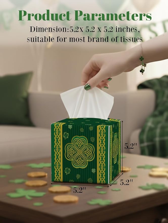 St.Patrick's Day Napkin Tissue Box Cover, Green Stripes Shamrock Waterproof Leather Paper Organizer Dispenser for Table Dining, Bathroom, Nightstand Vanity, Car, Housewarming Gift Ideas, F