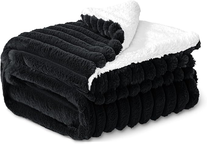 INFIIXSO Sherpa Throw Blanket for Couch - Super Soft & Warm Striped Fleece Blanket, Cozy Plush Fluffy Blanket All Season Use (Black, 50x60 Inches)