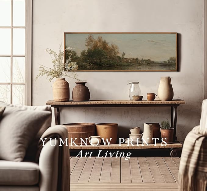 Rolled Canvas Vintage Farmhouse Bedroom Wall Decor Above Bed - Horizontal Wall Art Entryway - 16x48" - Panoramic Landscape Picture Sign - Canvas Lake Autumn Fall Forest River Landscape Print Poster