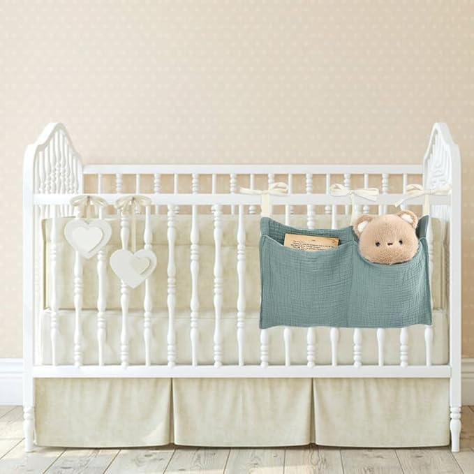 Cinaci 2pcs Cotton Pram Stroller Caddy Baby Crib Hanging Organizers Storage Pockets Nappy Diaper Bags Bedside Pockets for Milk Bottle/Soothing Toys/Wipes (Green Set)