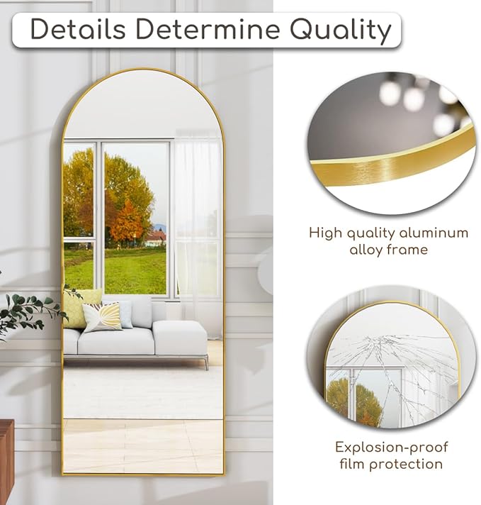 Arched Full Length Mirror, 64 "x 21" Floor Length Mirror with Stand, Wall Mounted Mirrors, Standing Mirrors with Aluminum Alloy Frame, Freestanding, Wall-Mounted or Leaning(Gold)