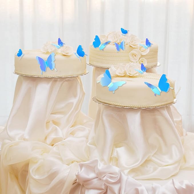 BBTO 48 Pieces Butterfly Wall Decor DIY 3D Mirror Butterfly Stickers Removable Decals Crafts for Birthday Party Bedroom School Bathroom Living Room Decor(Blue)