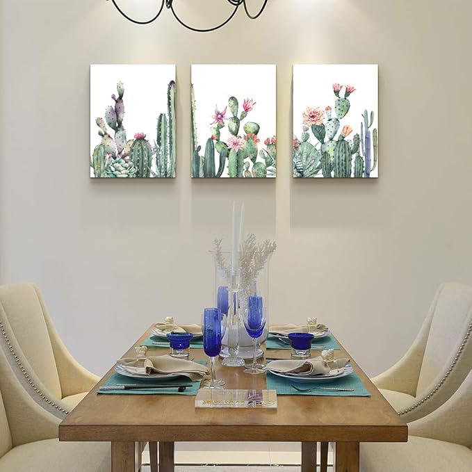 Canvas Wall Art For Living Room Bathroom Wall Decor For Bedroom Kitchen Artwork Canvas Prints Green Succulent Cactus Painting 16" X 24" 3 Pieces Modern Framed Office Home Decorations Family Picture