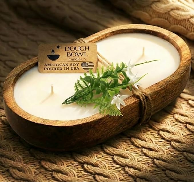 Dough Bowl Candle Co. Honeysuckle Jasmine Soy Candle - 3 Wick Rustic Farmhouse Coffee Table Decor, Odor Eliminator in Wooden Bowls, 20 Oz Wooden Dough Bowl Candle, All-Natural Gifts for Women or Men