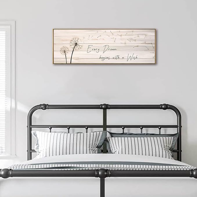 Dandelion Wall Art - Every Dream Begin with A Wish Rustic Farmhouse Wall Decor Framed Canvas Wall Art Bedroom Wall Decor Above Bed Dandelion Art Decor Vintage Room Decor (Wooden Frame) 43x15inch