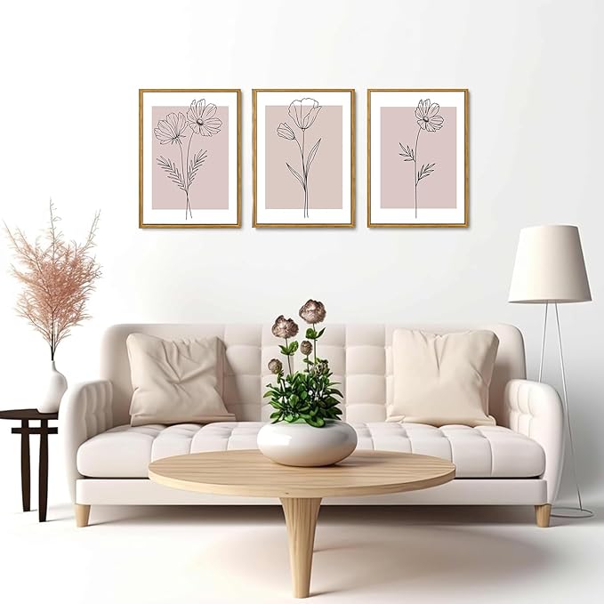 Wodkwq 3 Piece Pink Canvas Wall Art Set Framed,Pink Flower Wall Decor,Floral Prints,Botanical Line Painting,Minimalist Poster Pink Aesthetic for Girls' Room,Living Room,Bedroom,Office 16x24in