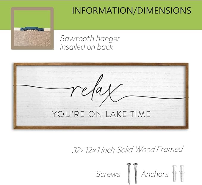 TQianJiang Relax You're On Lake Time Wall Decor 32"×12" Lakeside Quote Sign Lake House Decor for Living Room Bedroom Large Rustic Wooden Framed Wall Hanging Art (Wood)