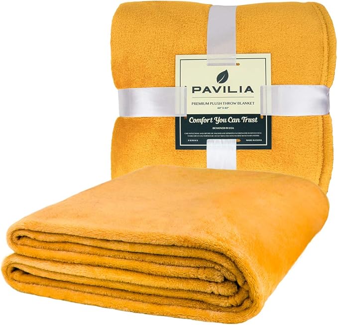 PAVILIA Mustard Yellow Fleece Bed Blanket King Size, Gold Super Soft Fuzzy Flannel Throw for Couch Sofa, Luxury Plush Microfiber Large Throw Blanket King Bed, Home Cozy Velvet Gift Blanket, 90x108