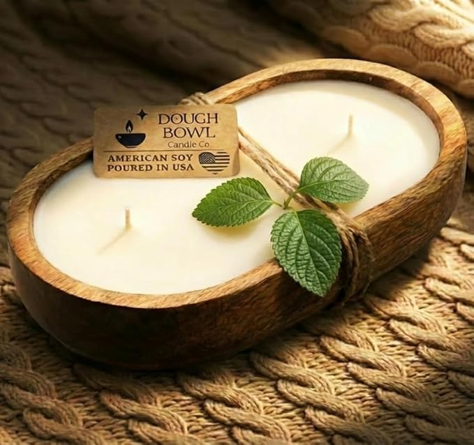 Dough Bowl Candle Co. Sandalwood Soy Candle - 3 Wick Rustic Farmhouse Decor Odor Eliminator in Wooden Bowls, 20 Ounce Wooden Dough Bowl Candle, All-Natural Gifts for Women and Men, Coffee Table Decor