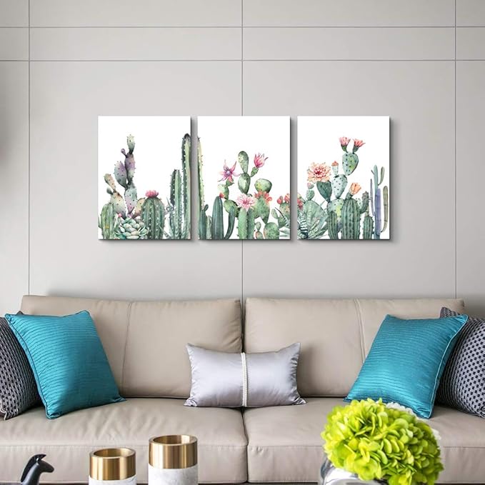 Canvas Wall Art For Living Room Bathroom Wall Decor For Bedroom Kitchen Artwork Canvas Prints Green Succulent Cactus Painting 16" X 24" 3 Pieces Modern Framed Office Home Decorations Family Picture