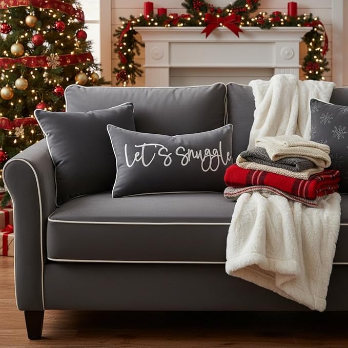 Sunkifover Let's Snuggle Decorative Lumbar Pillow Cover - 12x20 Inch Dark Grey Cotton Embroidery Throw Pillowcase for Bed, Bedroom, Living Room, Home Decor