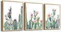 Natural Wood Framed Wall Art For Living Room & Bedroom Decor - Green Succulent Cactus Paintings - 3 Piece Framed Art Prints