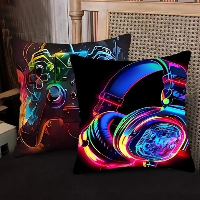 4Pcs Set Gaming Pillow Covers - Washable, Living Room, Playroom 18x18 Pillows Linen Pillowcase Modern Decorative Square Pillowcases for Sofa Couch Bedroom Living Room Car