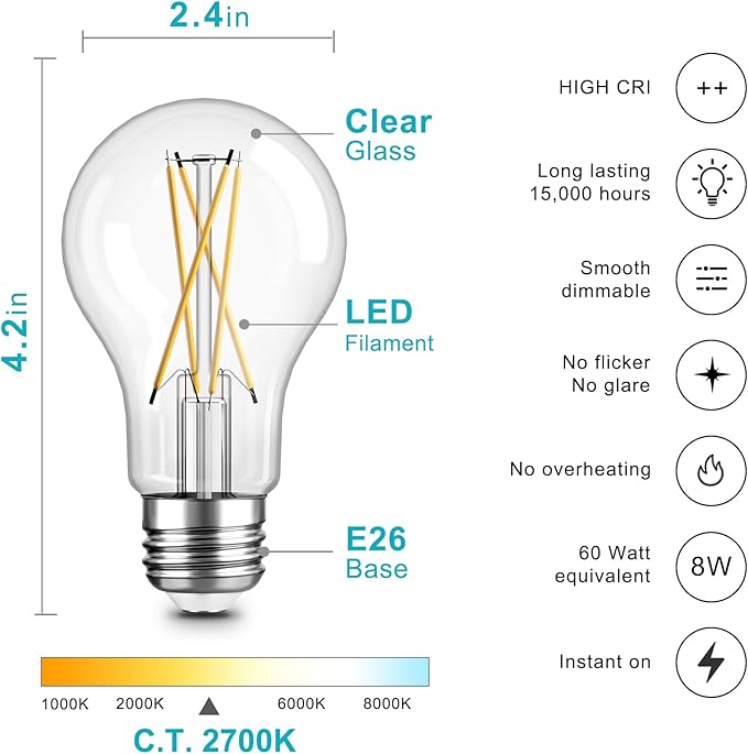 TJOY 24 Pack A19 Vintage LED Edison Bulbs, Dimmable, 60W Equivalent, High Brightness 2700K Warm White, 8W E26 Standard Base, 800 Lumens, CRI80+, Clear Glass Filament Bulb for Home, Farmhouse