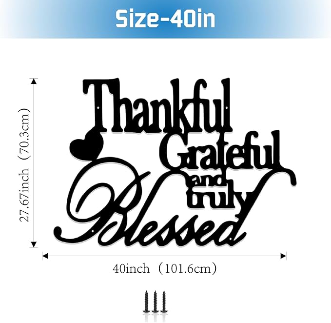 Hppybiry Thankful Grateful Blessed Wall Decor Black Metal Wall Art Thankful Grateful and Truly Blessed Sign Home Decor Entryway Living Room Decoration Signs - 40 Inches