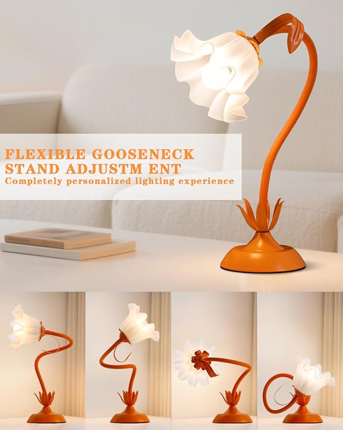 Flower Table Lamp, LED Reading Light Vintage Bedside Table Lamp with 3 Color Modes for Nightstand, Kawaii Decoration for Home Bedroom Living Room (Orange)