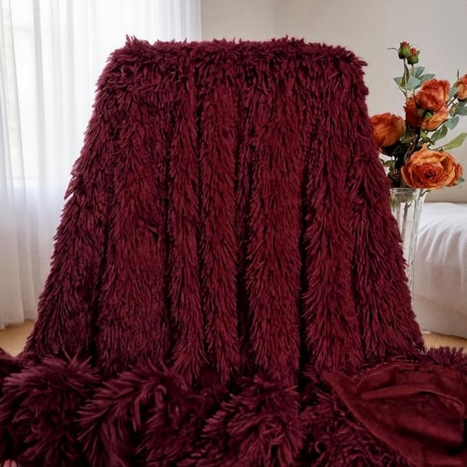 MYRU Plush Blanket Bedding Sofa Cover Furry Fuzzy Fur Warm Throw Quilt Cozy Couch Blanket for Winter (63 x 79 Inch,Wine Burgundy Red)