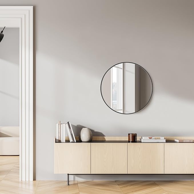 Sweetcrispy 20-inch Black Round Wall Mirror, Circle Bathroom Mirrors with Metal Frame, Wall-Mounted Mirrors for Living Room, Bathroom, Entryway