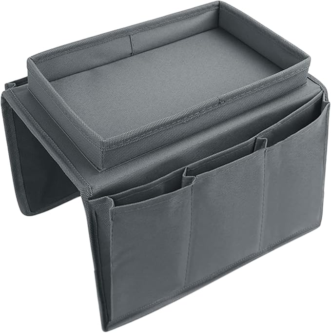 Sofa Armrest Organizer with Top Tray for Couch Recliner, 5 Pockets TV Remote Control Holder Foldable Armchair Bedside Caddy Organizer Storage Bag for Magazines Cellphone Drinks Snacks Tea Cup (Grey)