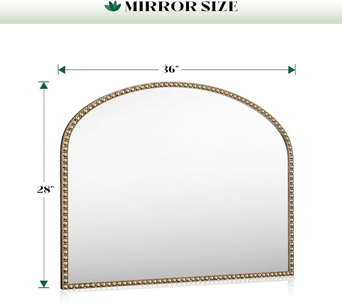 Arched Antique Gold Mirror with Beaded, 28"x36" Decorative Wall Mirrors, Champagne Bronze Brass Frame Vintage Mirror for Bedroom Dressing Room Entryway Fireplace