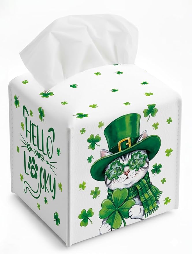 St.Patrick's Day Napkin Tissue Box Cover, Cat Shamrock Waterproof Leather Paper Organizer Dispenser for Table Dining, Bathroom, Nightstand Vanity, Car, Housewarming Gift Ideas, A
