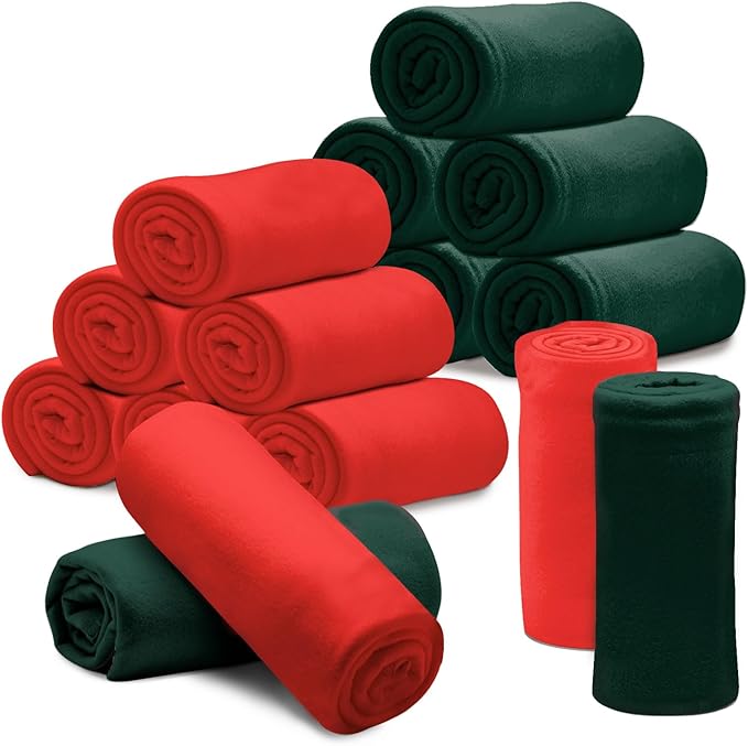 12PCS Fleece Throw Blankets Bulk 60 x 50 in Soft Blankets Fabric Warm Lightweight Wool Blanket Cozy Coverlet for Beds Sofas Home for All Seasons (Red + Green)