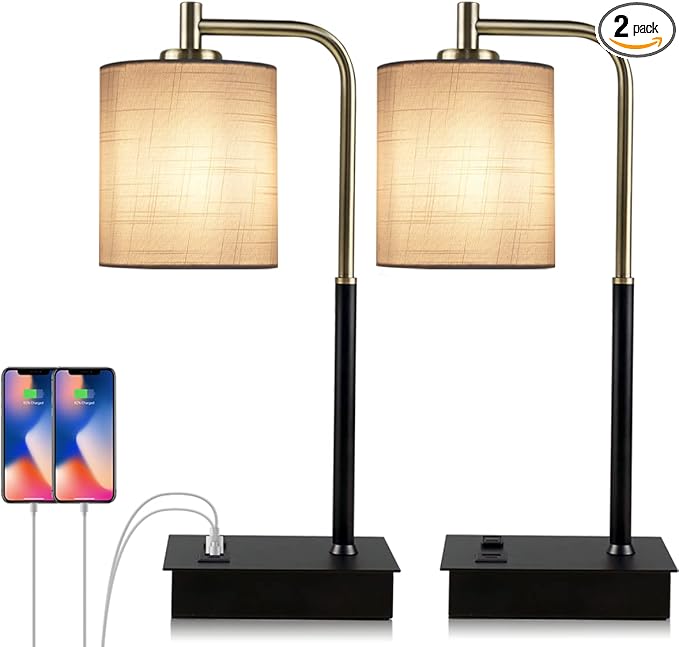 2-Pack Touch Bedside Lamps - 3-Way Dimmable with USB A+C & AC Outlet, 2700K Warm White LED Table Lamps for Bedroom/Living Room/Office, White Linen Shade (Include 2 Bulbs)