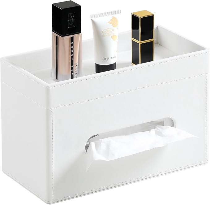 Plus Size Tissue Box Cover Rectangle, PU Leather Tissue Box Holder with Storage Tray, Decorative Organizer Tissue Holder for Bathroom, Bedroom Dresser, Night Stand, Office (Cream-White)
