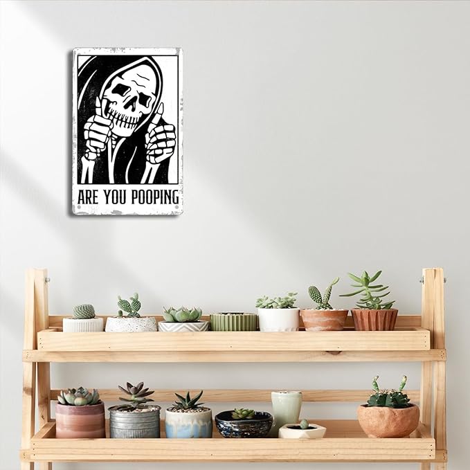 Funny Gothic Bathroom Home Decor Metal Tin Sign: Funny "Are You Pooping?" Bathroom Wall Art Decor Sign for Skull Lovers 8 X 12 Inch