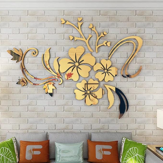 Wall Stickers 3D Flower Pattern - Family Wall Decals Living Room Wall Decor Sticker for Walls Decor Living Room Home Decorations Room Decor for Office Sofa Bedroom Decals (Golden S:90cm * 120cm)