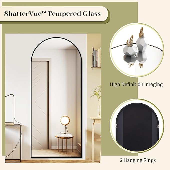 BEAUTYPEAK 65"x24" Full Length Mirror, Arch Full Body Floor Mirror, Wall Mirrors Hanging or Leaning Arched-Top with Stand for Bedroom, Dressing Room, Black
