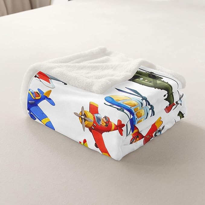 Aircraft Sherpa 3D Print Airplane Blanket Throw for Kids & Teens, Fighter Flight Helicopter Fleece Blanket, Cartoon Aviation Theme Fuzzy Ultra Soft Queen 90"x90" White