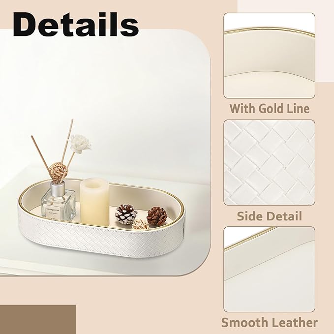 Hipiwe PU Leather Valet Tray with Gold Line Perfume Vanity Tray Catchall Tray for Jewelry Trinket Oval Bedside Nightstand Organizer for Home Decor, White