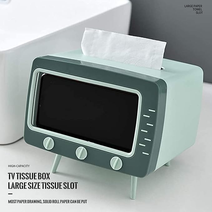 SGVAHY Tissue Box Holder Retro TV Tissue Box Cover Cute and Practical Cell Phone Holder Tampon Holder for Bathroom Kitchen Bedroom Dressers Desks and Tables Night Stands Creative Gift (TV Green)