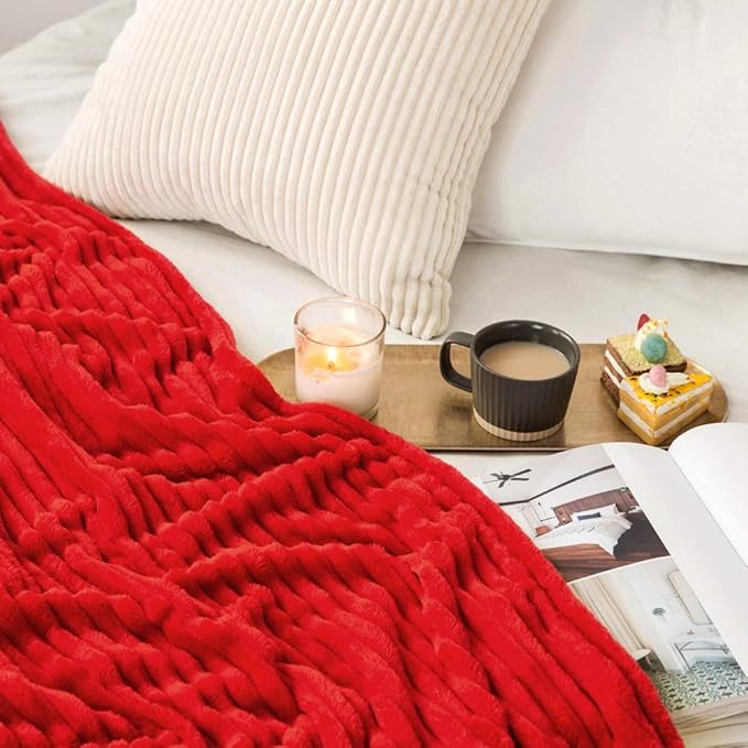 MIULEE Red Fleece Throw Blanket for Couch 300GSM Super Soft Lightweight Plush Striped Blanket, Christmas Warm Cozy Breathable Ribbed Flannel Throws for Bed/Sofa, 50"x60"