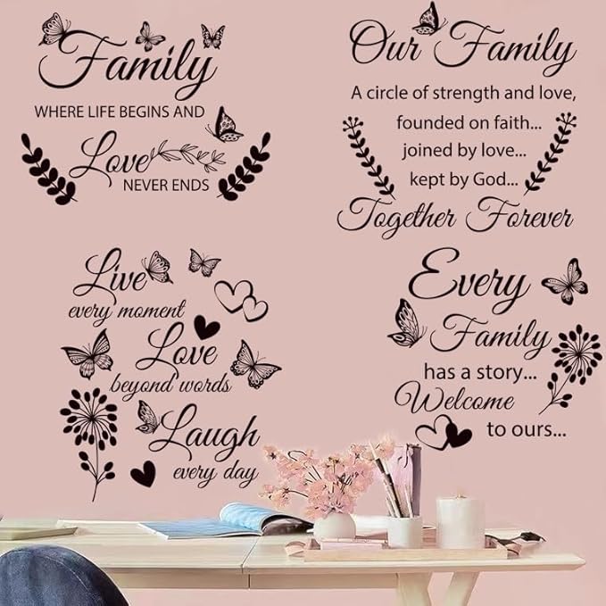 4 Set Family Stickers Vinyl Quote Decals Family Lettering Decals Inspirational Saying Stickers Wall Decor for Living Bedroom Wall Decorations