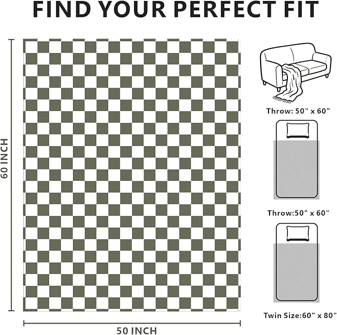 Checkered Blanket Flannel Throw Blankets Soft Cozy Checkered Grid Print Chessboard Gingham Pattern Throws for Bed Sofa Couch for All Seasons, 50x60 Inch, Dark Olive