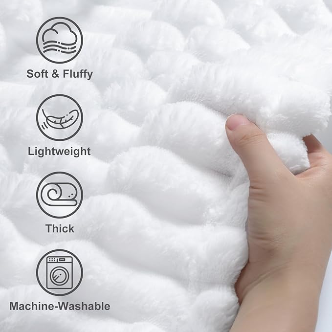 decorUhome Soft Fleece White Blanket King Size for Bed, Cozy Fluffy Plush Flannel Large Striped Throws for Couch Sofa, Lightweight Decorative Fuzzy Blanket for Woman, 108x90 Inches