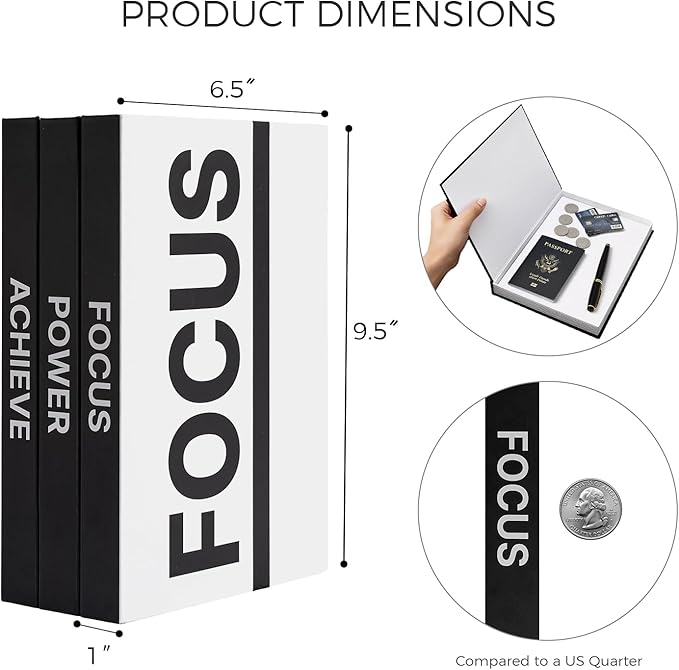 Gifts for Men, Dad, Boss - Motivational Office Desk Decor & Accessories - Black Faux Book Box for Hidden Storage of Cash & Photos - Modern Bookshelf Display (Set of 3, Achieve Focus Power)