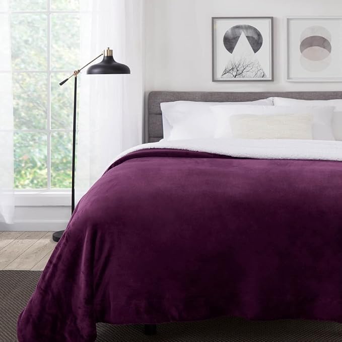 Genteele Sherpa Throw Blanket Super Soft Reversible Ultra Luxurious Plush Blanket, 60 x 80 inches, Rich Purple/White
