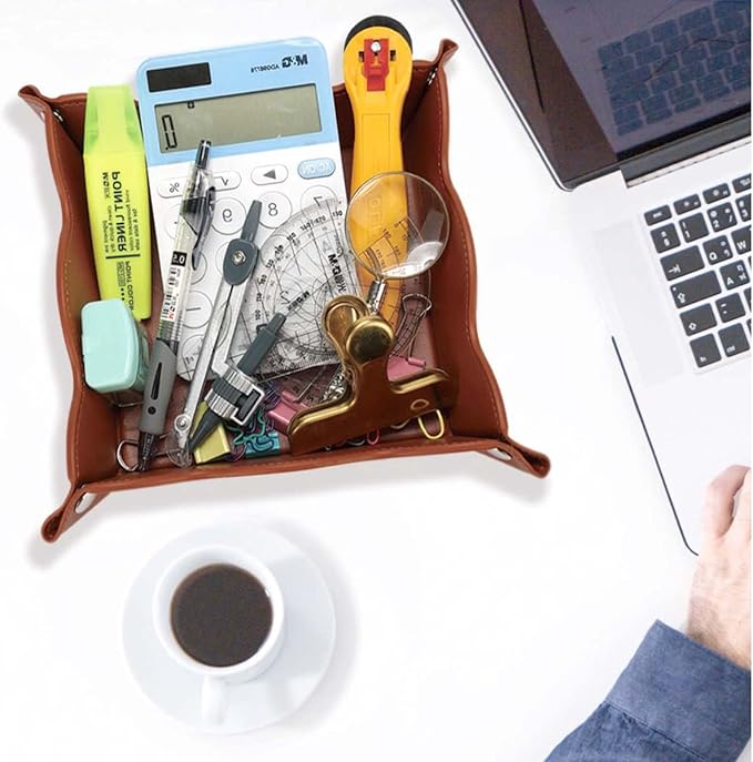 Valet Tray for Men Women 2 Pack - PU Leather Travel Catchall Tray Organizer - Desk Bedside Nightstand Storage Box for Jewelry Key Phone Remote Controller Wallet Watch Glasses Readers -Brown