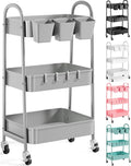 3 Tier Gray Metal Rolling Cart, Mesh Storage Cart with Handle and Lockable Wheels, Multifunctional Three Tiered Utility Organizer Carts for Kitchen, Office, Bathroom, Craft, Art, Snack, Baby Supplies